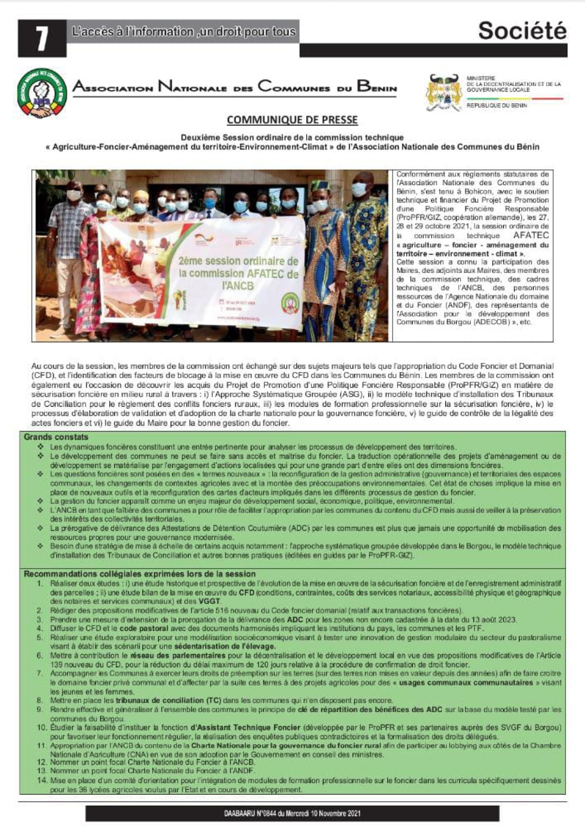 DEUXIÈME SESSION ORDINAIRE DE L&rsquo;ANCB :  L&rsquo;Adecob apporte sa contribution pour une meilleure gestion du foncier  . Voir les grands constats, et recommandations collégiales exprimées lors de la session