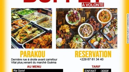 AU RESTAURANT 20 SUR VIN A PARAKOU,   Un buffet très bien garni vous est proposé pour votre plaisir  . Mangez à volonté et bien, tous les dimanches à partir de 17h