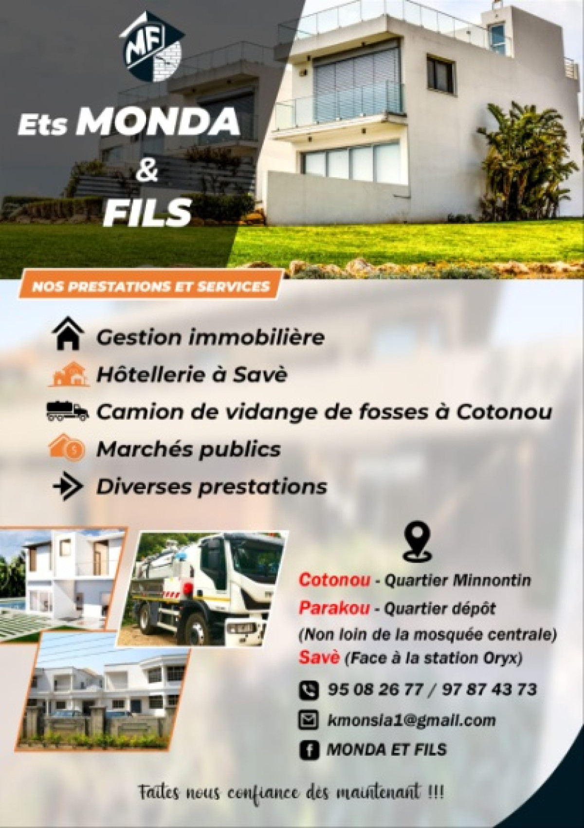 BÉNIN/POUR VOS BESOINS EN IMMOBILIER, HÔTELLERIE, MARCHÉS PUBLICS…  Faites confiance à l’Ets Monda et Fils