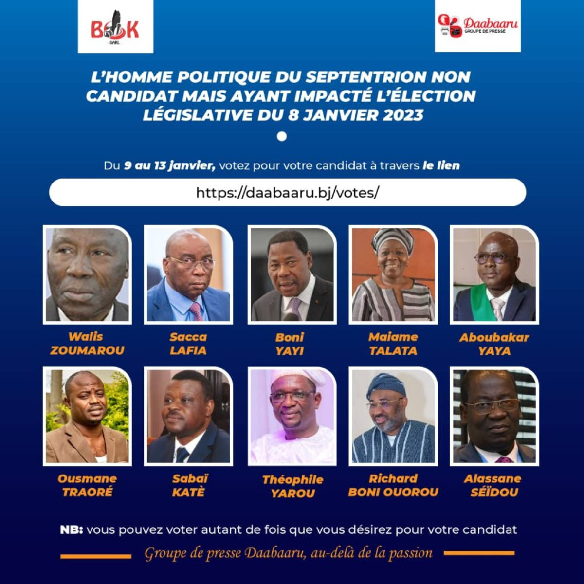 BÉNIN/LÉGISLATIVES DANS LA PARTIE SEPTENTRIONALE : Quel acteur politique sans être candidat a le plus milité pour la victoire de son parti ?  . Votez pour le candidat de votre choix sur le https://daabaaru.bj/votes/