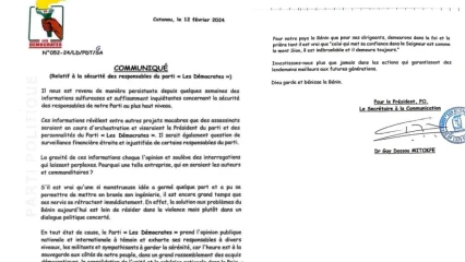 BÉNIN/TENTATIVES D&rsquo;ASSASSINAT DES RESPONSABLES DU PARTI LES DÉMOCRATES : La formation politique dénonce et invite à la sérénité