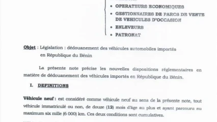 DÉDOUANEMENT DES VÉHICULES IMPORTÉS EN RÉPUBLIQUE DU BÉNIN : Voici les nouvelles dispositions