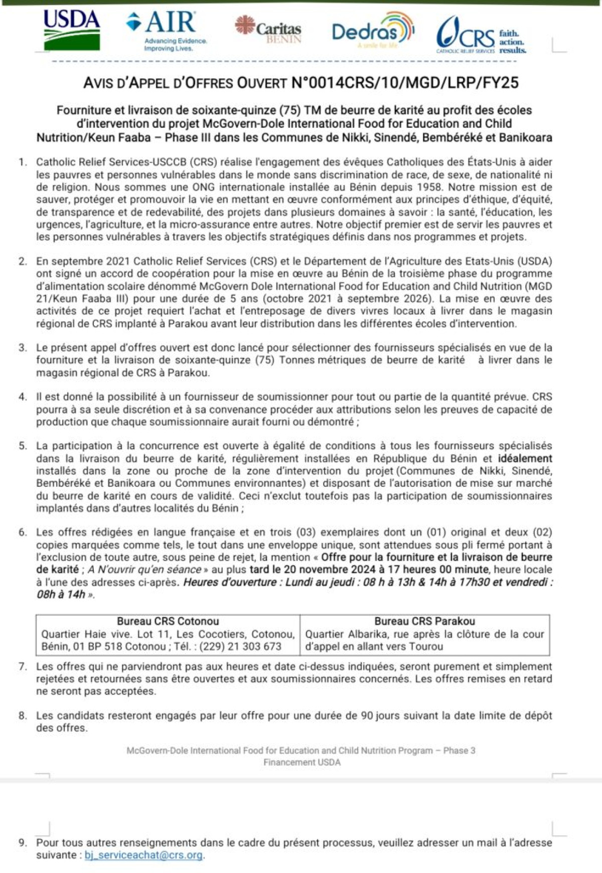 Avis d’Appel d’Offres : Fourniture et livraison de 75 TM de beurre de karité au profit des écoles d’intervention dans les Communes de Nikki, Sinendé, Bembéréké et Banikoara