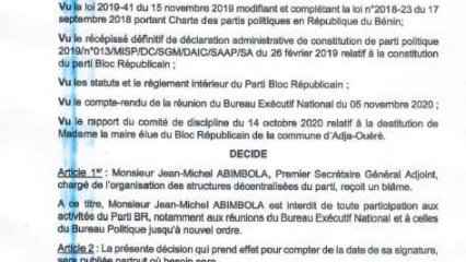 BLOC RÉPUBLICAIN : Jean Michel Abimbola suspendu