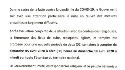 LUTTE CONTRE LA PROPAGATION DU COVID- 19 : Sacca Lafia prolonge la durée de fermeture des lieux de culte