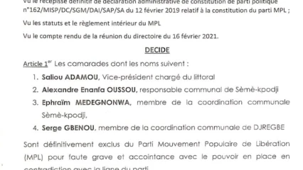 POUR FAUTE GRAVE ET COLLABORATION AVEC LE POUVOIR EN PLACE : Quatre membres du parti Mpl suspendus
