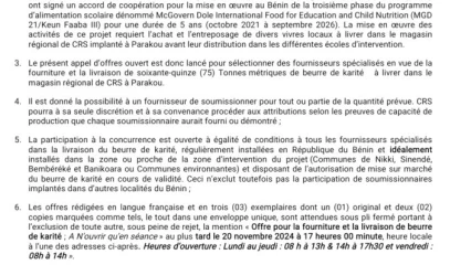 Avis d’Appel d’Offres : Fourniture et livraison de 75 TM de beurre de karité au profit des écoles d’intervention dans les Communes de Nikki, Sinendé, Bembéréké et Banikoara