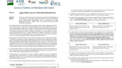 POUR LA FOURNITURE ET LA LIVRAISON DE VIVRES LOCAUX À PARAKOU : Crs lance un avis d&rsquo;appel d&rsquo;offres