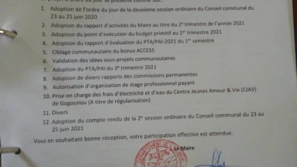 DEUXIEME SESSION ORDINAIRE DU CONSEIL COMMUNAL DE GOGOUNOU : Les conseillers convoqués ce jour