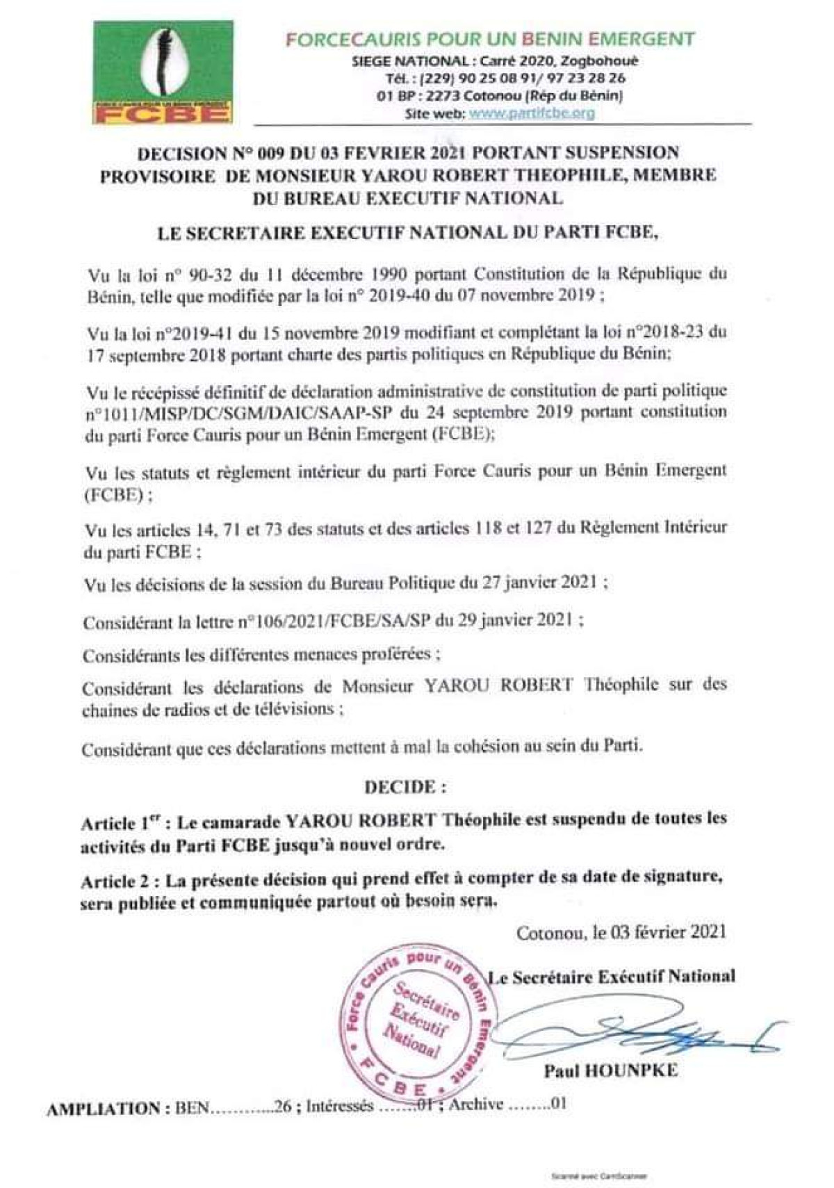 POUR AVOIR TENU DES PROPOS QUI METTENT A MAL LA COHÉSION AU SEIN DES FCBE : Théophile Yarou et De-Laure Faton suspendus du parti