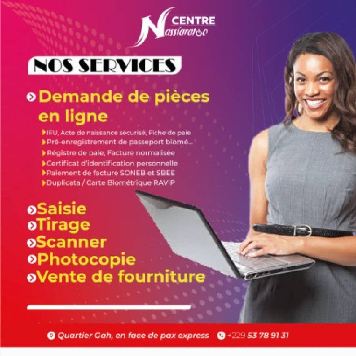 POUR LA DEMANDE DE PIÈCES EN LIGNE À PARAKOU, Le centre Nasiarat à votre entière disponibilité