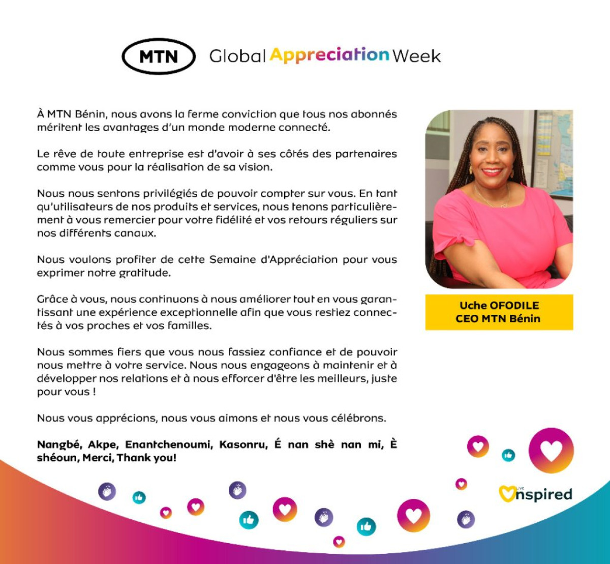GLOBAL APPRÉCIATION WEEK : Message de Uche Ofodile, Ceo Mtn Bénin