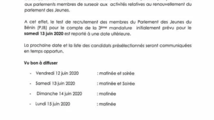 BÉNIN/ASSEMBLÉE NATIONALE :  Le test de recrutement des jeunes parlementaires reporté