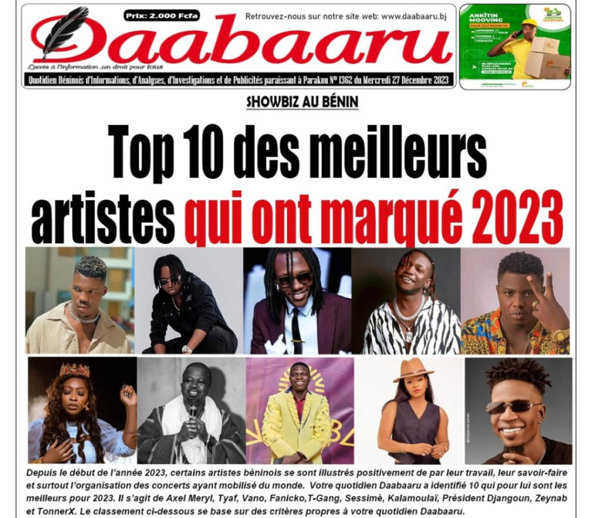 SHOWBIZ AU BÉNIN   :  Top 10 des meilleurs artistes qui ont marqué 2023