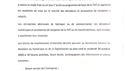 POUR L&rsquo;ACQUISITION DES DÉCODEURS À LA TNT AU BÉNIN : Le gouvernement lance un avis à manifestation
