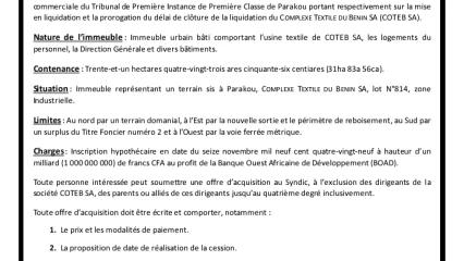 ANNONCE : Lire un avis de cession globale des actifs de la société Coteb Sa