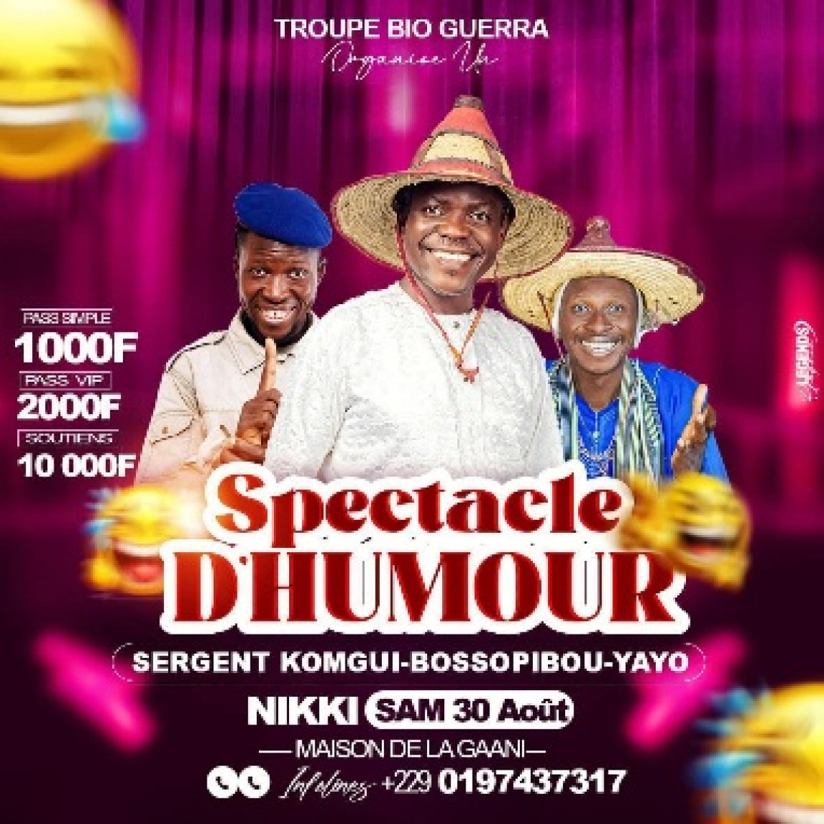 Spectacle d'humour à Nikki: Sergent Komgui, Bossopibou et Yayo sur scène le 30 août
