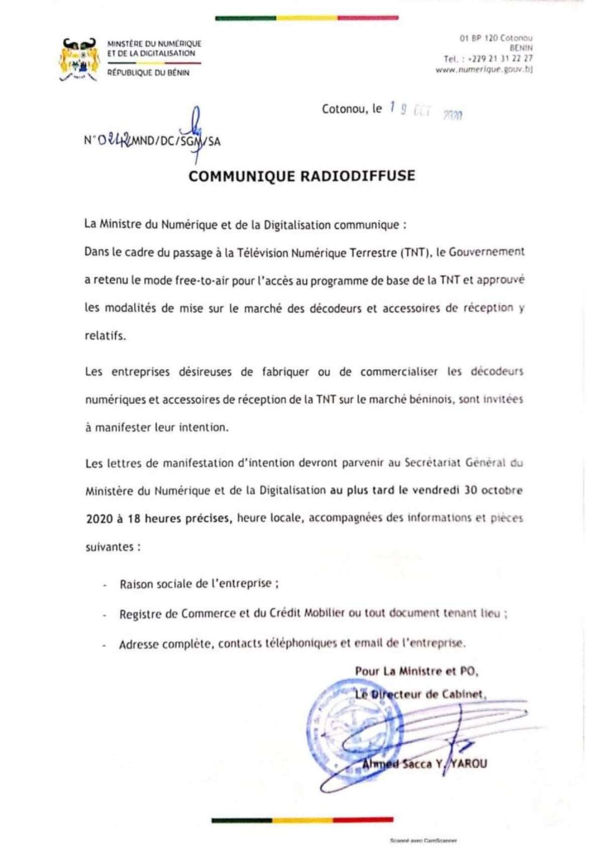 POUR L&rsquo;ACQUISITION DES DÉCODEURS À LA TNT AU BÉNIN : Le gouvernement lance un avis à manifestation