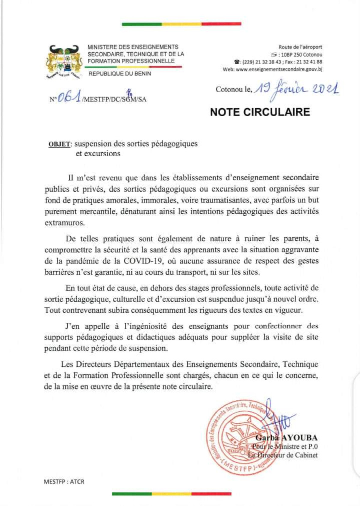 ENSEIGNEMENT SECONDAIRE AU BÉNIN : Les sorties pédagogiques et excursions suspendues