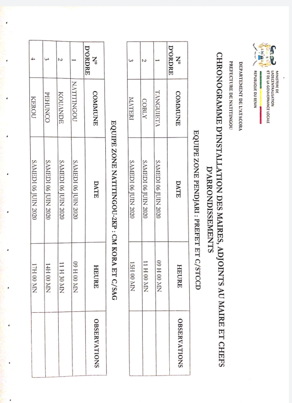 INSTALLATION DES CONSEILS COMMUNAUX DANS LE BORGOU ET L&rsquo;ATACORA : Les préfets reprennent le processus ce jour