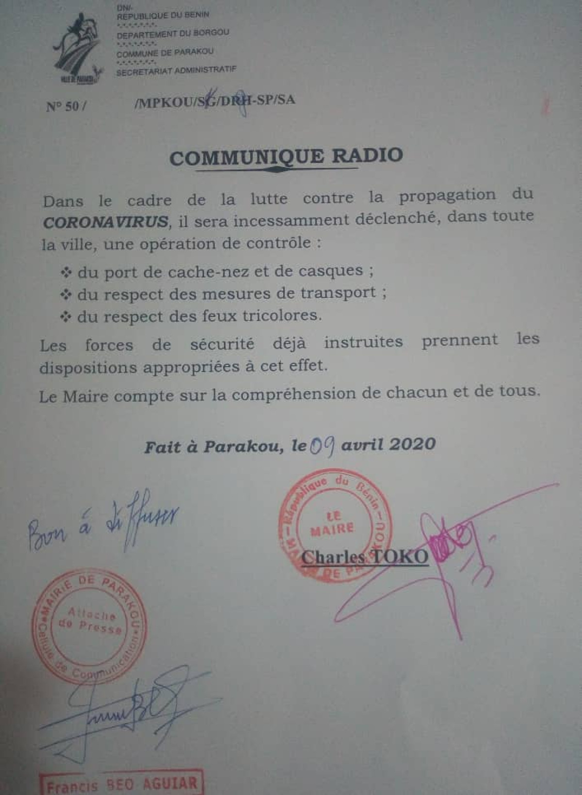LUTTE CONTRE LA PROPAGATION DU COVID-19 : L&rsquo;opération de contrôle du port de cache-nez démarre bientôt à Parakou