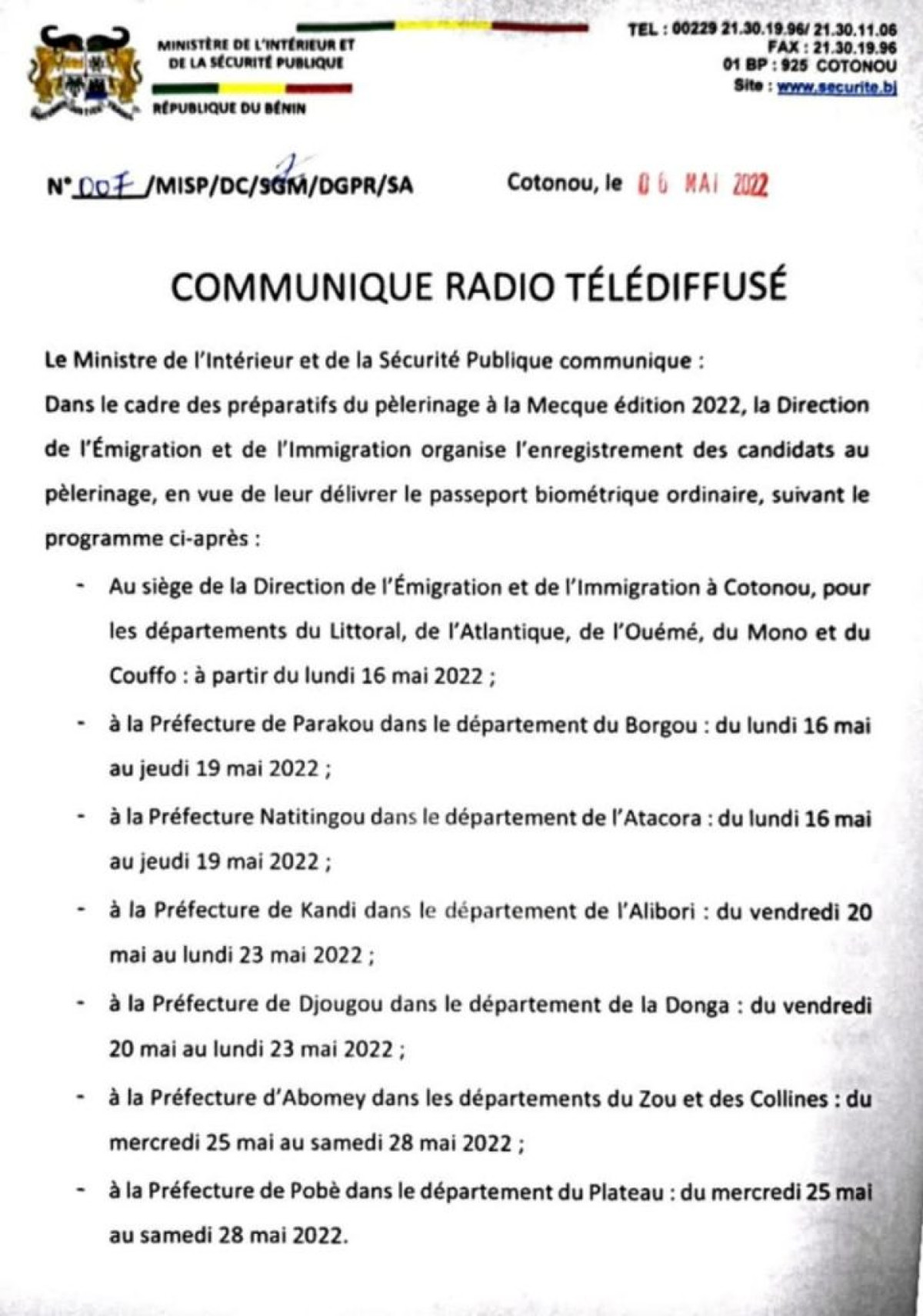 BENIN/PRÉPARATIFS DU HADJ 2022 : Voici les pièces à fournir pour l&rsquo;obtention du passeport biométrique