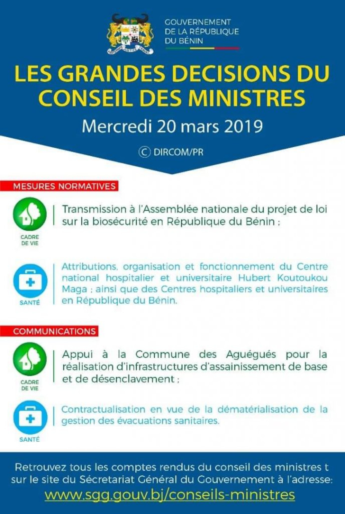 CONSEIL DES MINISTRES DE CE MERCREDI : Les grandes décisions