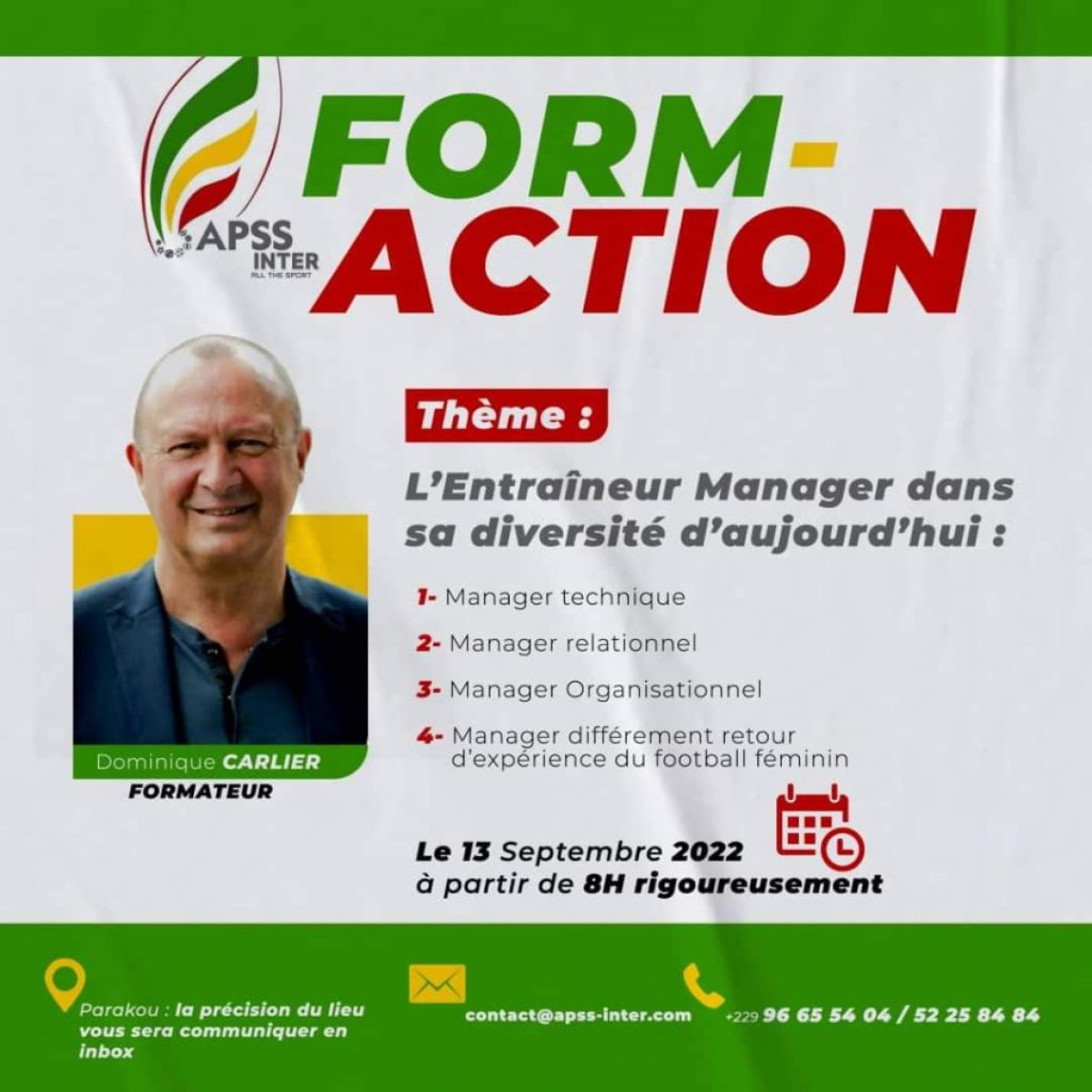 FORMATION GRATUITE À L&rsquo;ENDROIT DES ACTEURS SPORTIFS PAR L&rsquo;APSS À PARAKOU : Encore quelques places disponibles  . Inscrivez-vous sur le 96655404 avec 5000F Cfa