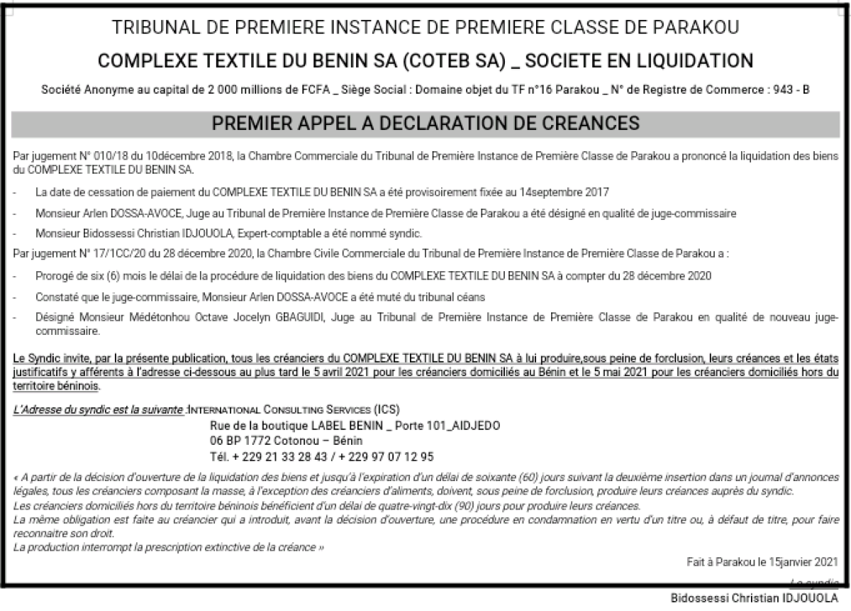 TRIBUNAL DE PREMIERE INSTANCE DE PREMIERE CLASSE DE PARAKOU COMPLEXE TEXTILE DU BENIN SA (COTEB SA) _ SOCIETE EN LIQUIDATION