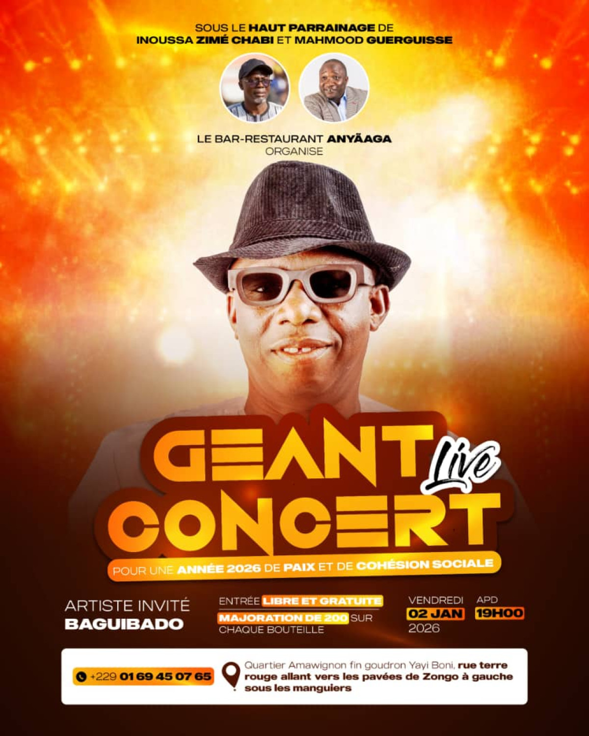 Sous le haut parrainage de Inoussa Zimé et Mahmood Guerguisse: l'artiste Baguibado en concert live le 2 janvier au Bar-restaurant Anyãaga