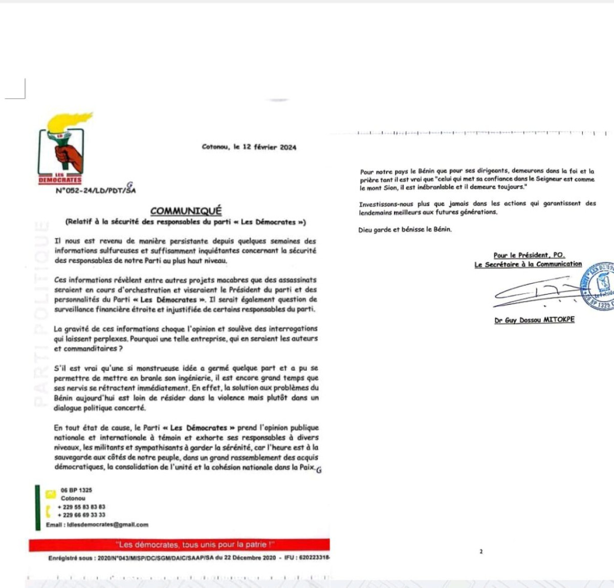 BÉNIN/TENTATIVES D&rsquo;ASSASSINAT DES RESPONSABLES DU PARTI LES DÉMOCRATES : La formation politique dénonce et invite à la sérénité