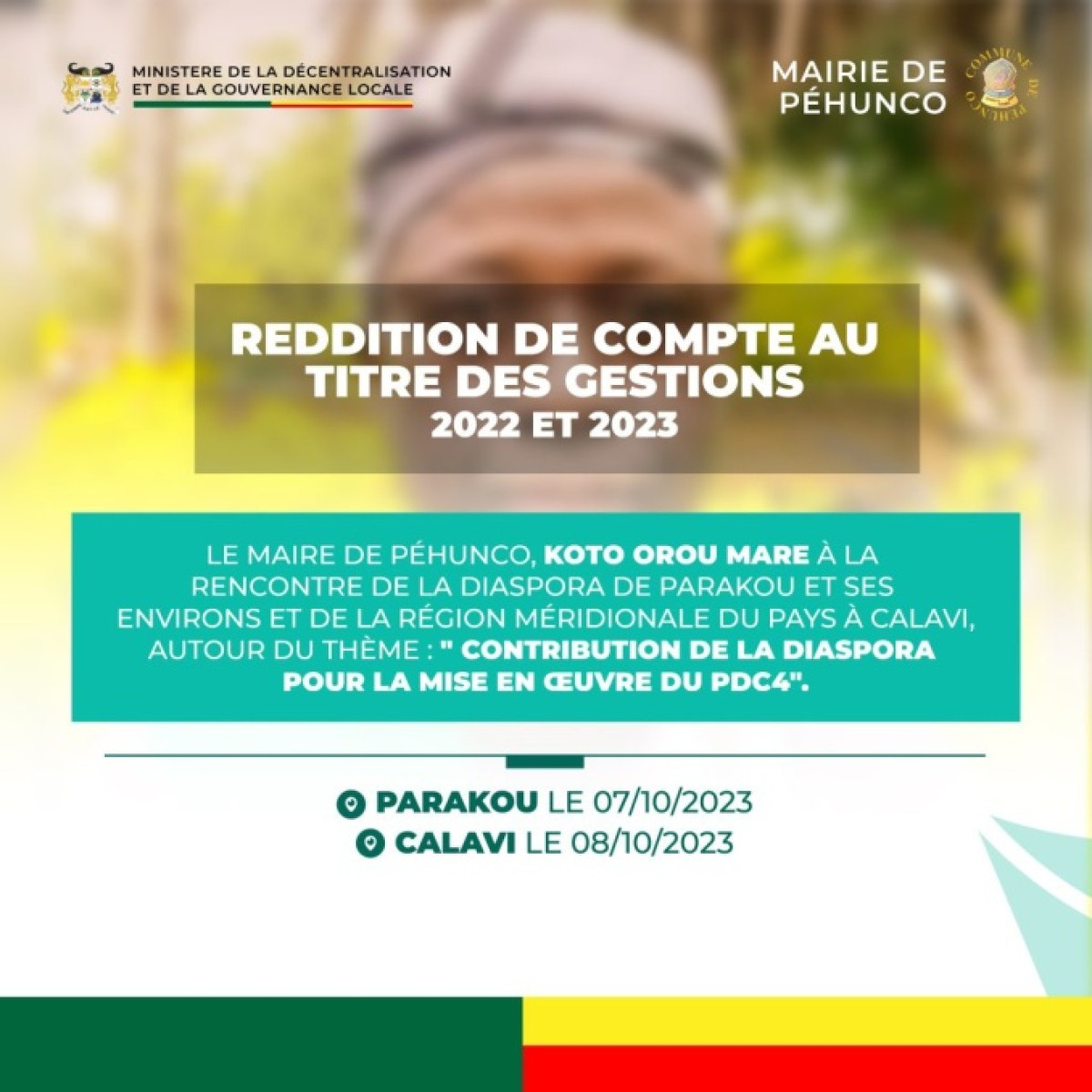 REDDITION DE COMPTES AU TITRE DE 2022-2023 :  Le maire de Péhunco face à la diaspora de Parakou demain