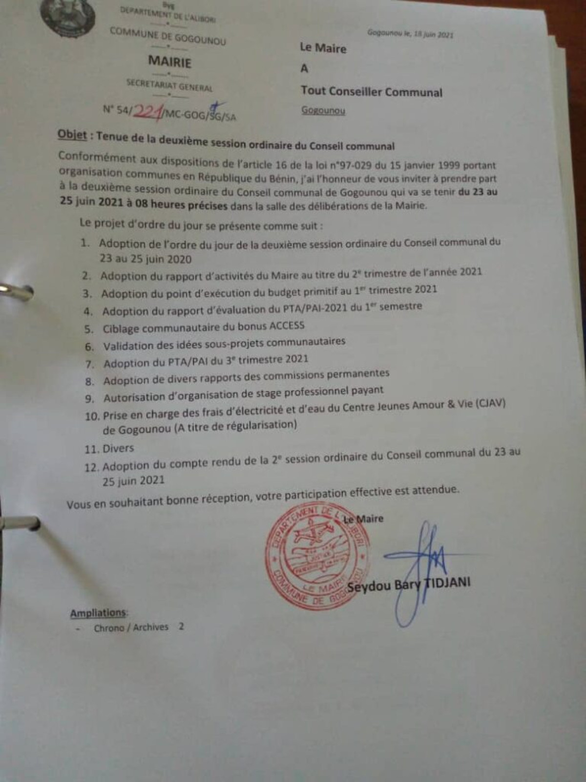 DEUXIEME SESSION ORDINAIRE DU CONSEIL COMMUNAL DE GOGOUNOU : Les conseillers convoqués ce jour