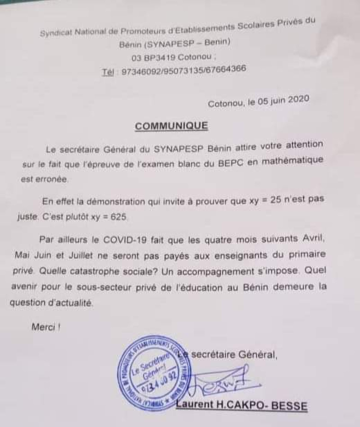 BÉNIN/BEPC BLANC 2020 :  Le Synapesp déclare l&rsquo;épreuve de mathématique erronée