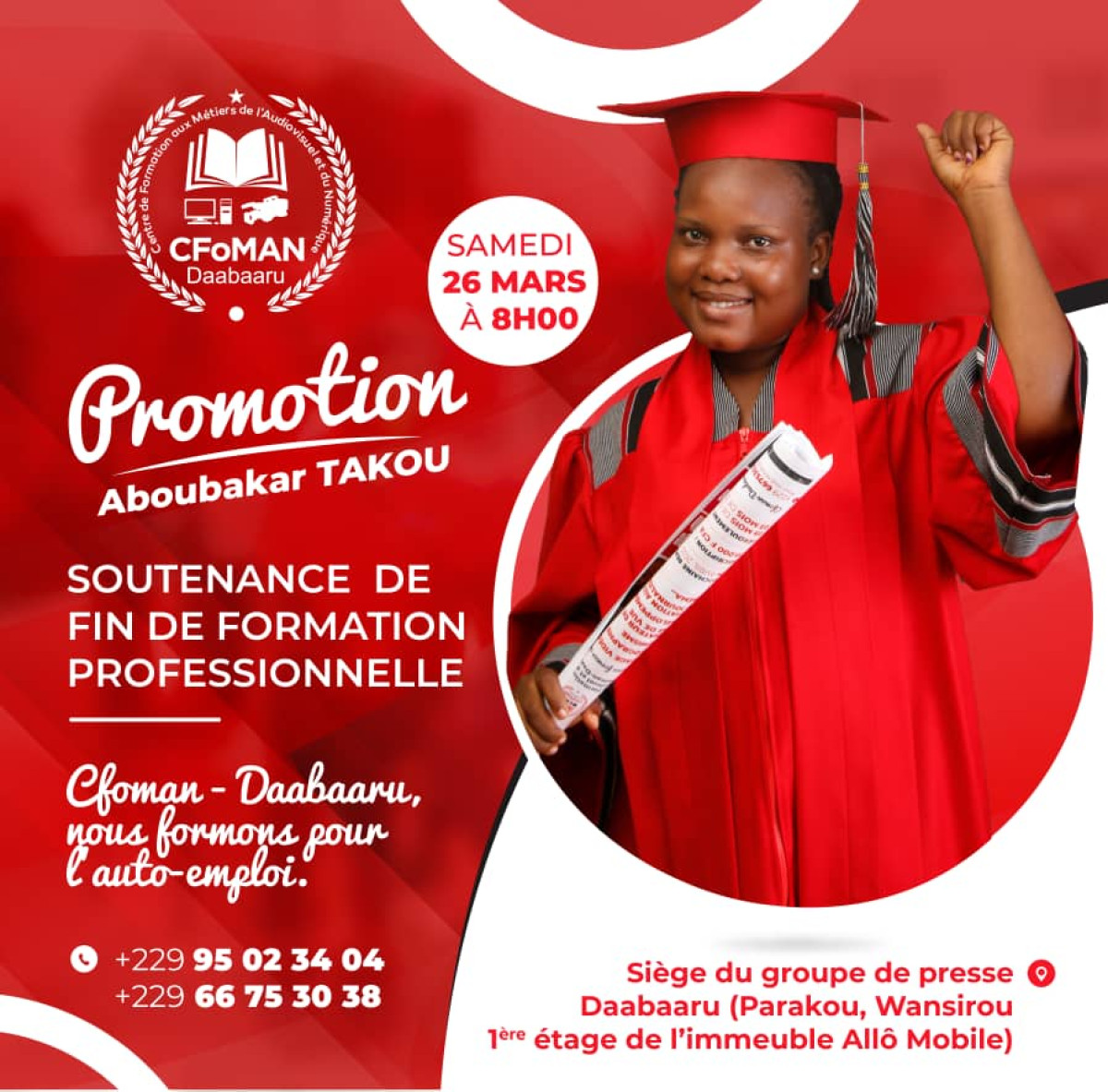 CENTRE DE FORMATION AUX MÉTIERS DE L&rsquo;AUDIOVISUEL ET DU NUMÉRIQUE (CFOMAN-DAABAARU) : Les étudiants de la 1ère promotion planchent ce samedi . Aboubakar Takou parrain