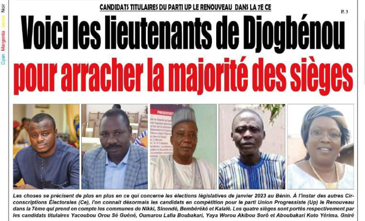 CANDIDATS TITULAIRES DU PARTI UP LE RENOUVEAU DANS LA 7E CE : Voici les lieutenants de Djogbénou pour arracher la majorité des sièges