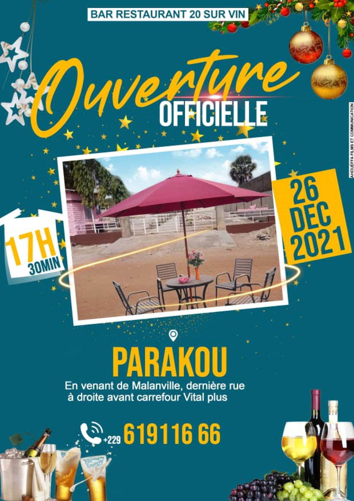 PARAKOU: Le Bar restaurant 20 sur vin ouvre ses portes ce 26 décembre