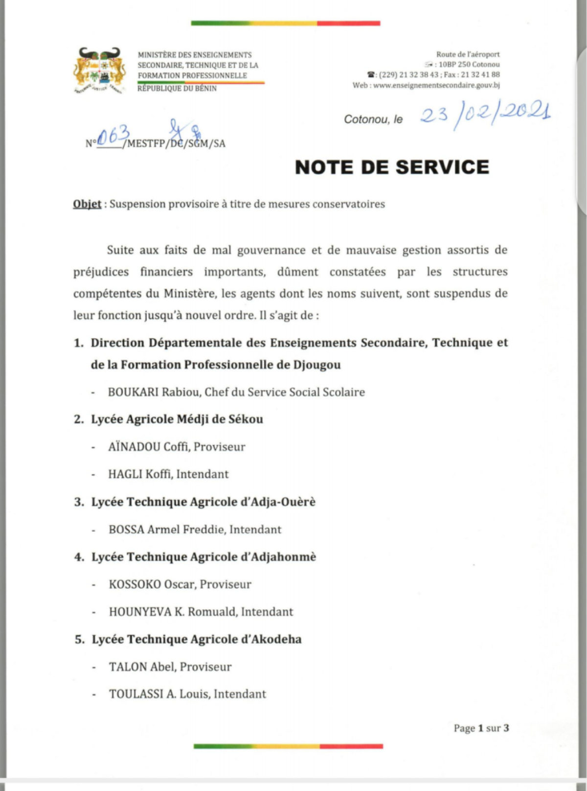 BÉNIN : ENSEIGNEMENTS SECONDAIRE, TECHNIQUE ET FORMATION PROFESSIONNELLE :  20 responsables de lycées agricoles suspendus  . Voici les raisons, la liste des concernés et leurs remplaçants