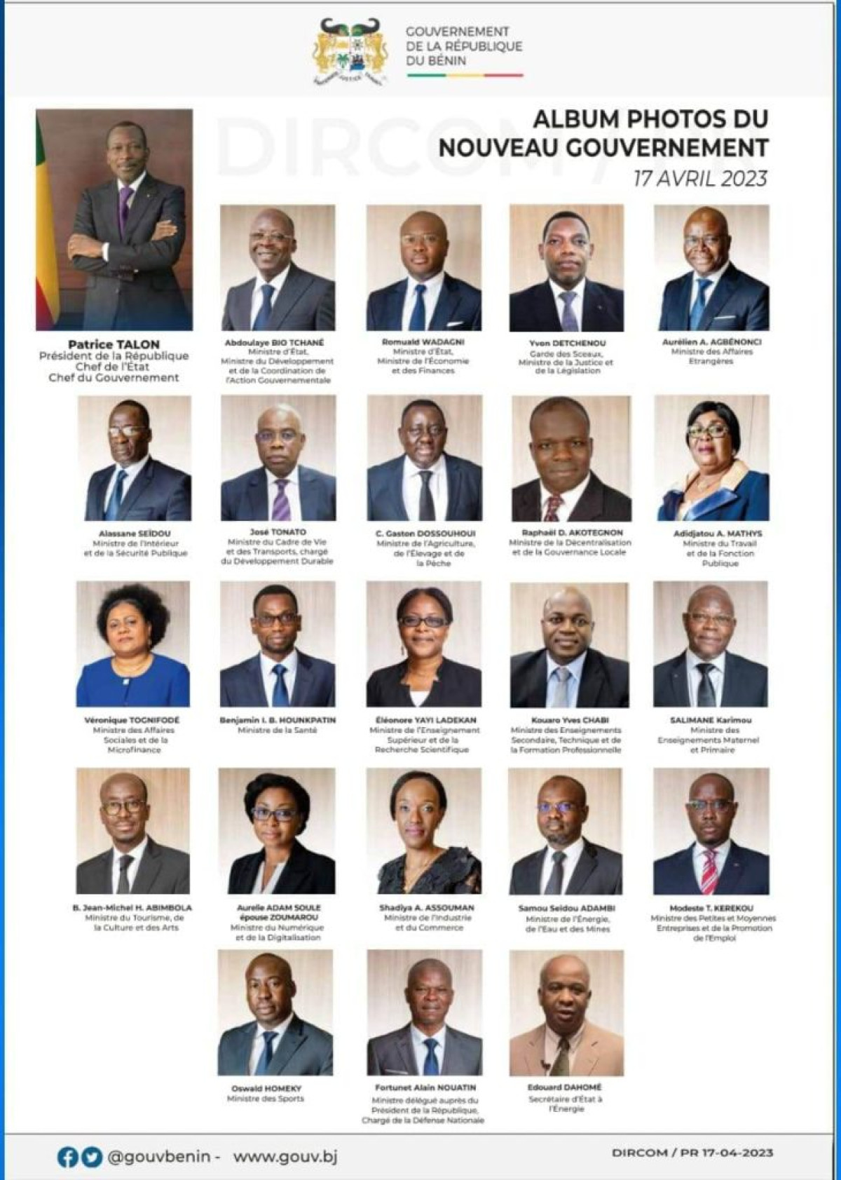 GOUVERNEMENT 2 DE PATRICE TALON : Voici la nouvelle équipe