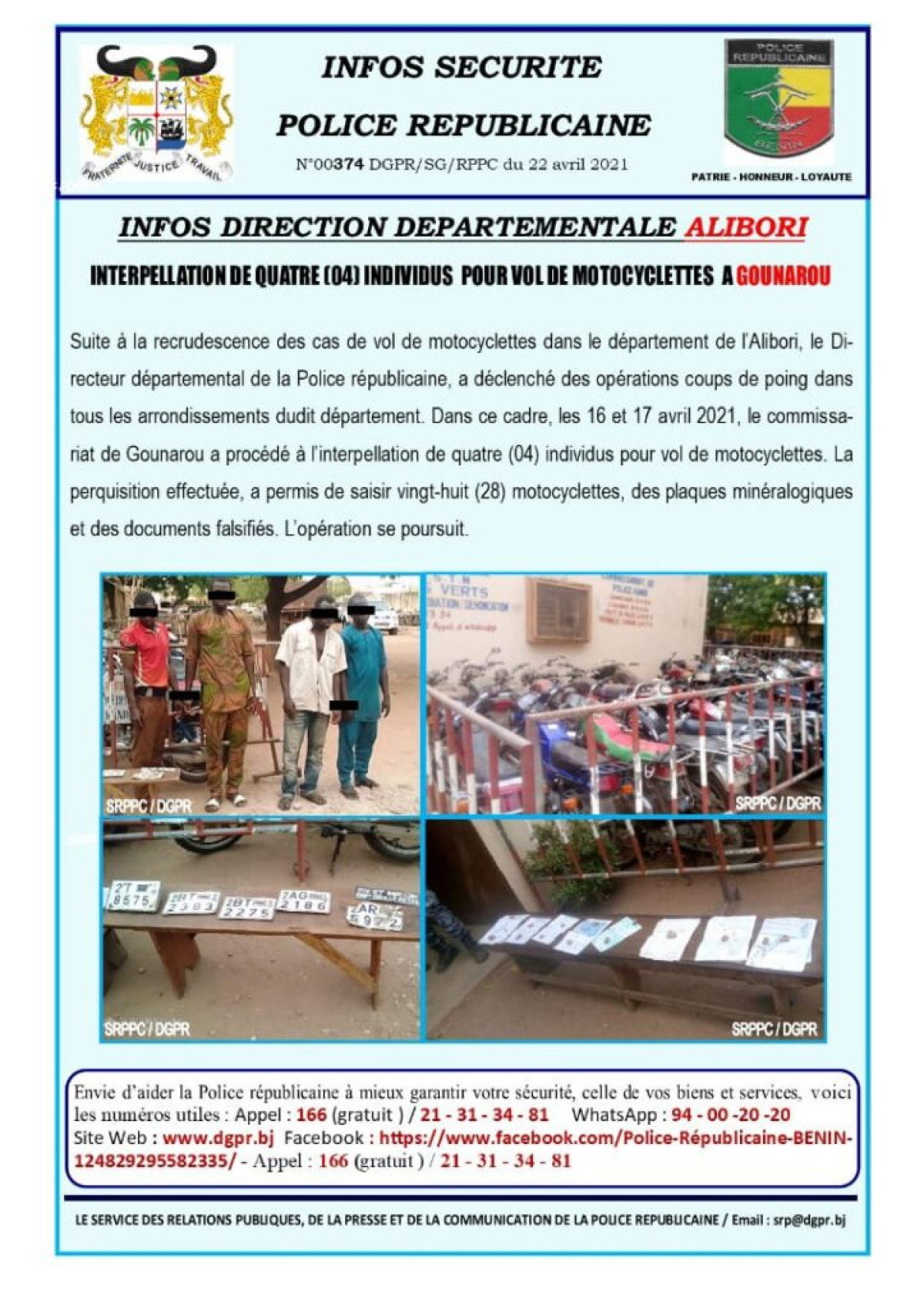 GOGOUNOU : 4 individus interpellés pour vol de motos