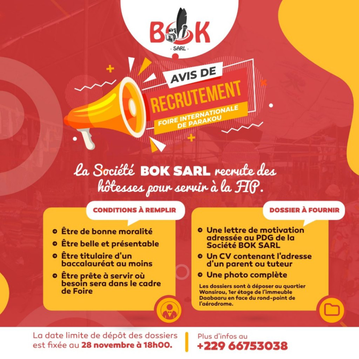 DANS LE CADRE DE LA FOIRE INTERNATIONALE DE PARAKOU :   La société Bok Sarl recrute des hôtesses