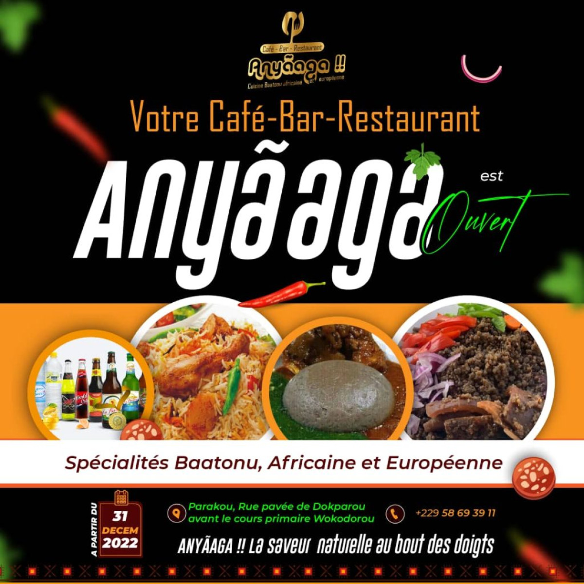 GASTRONOMIE À PARAKOU :  Anyãaga, le chic nouveau Café-Bar-Resto qui vous convient  . Venez passer un réveillon inoubliable 