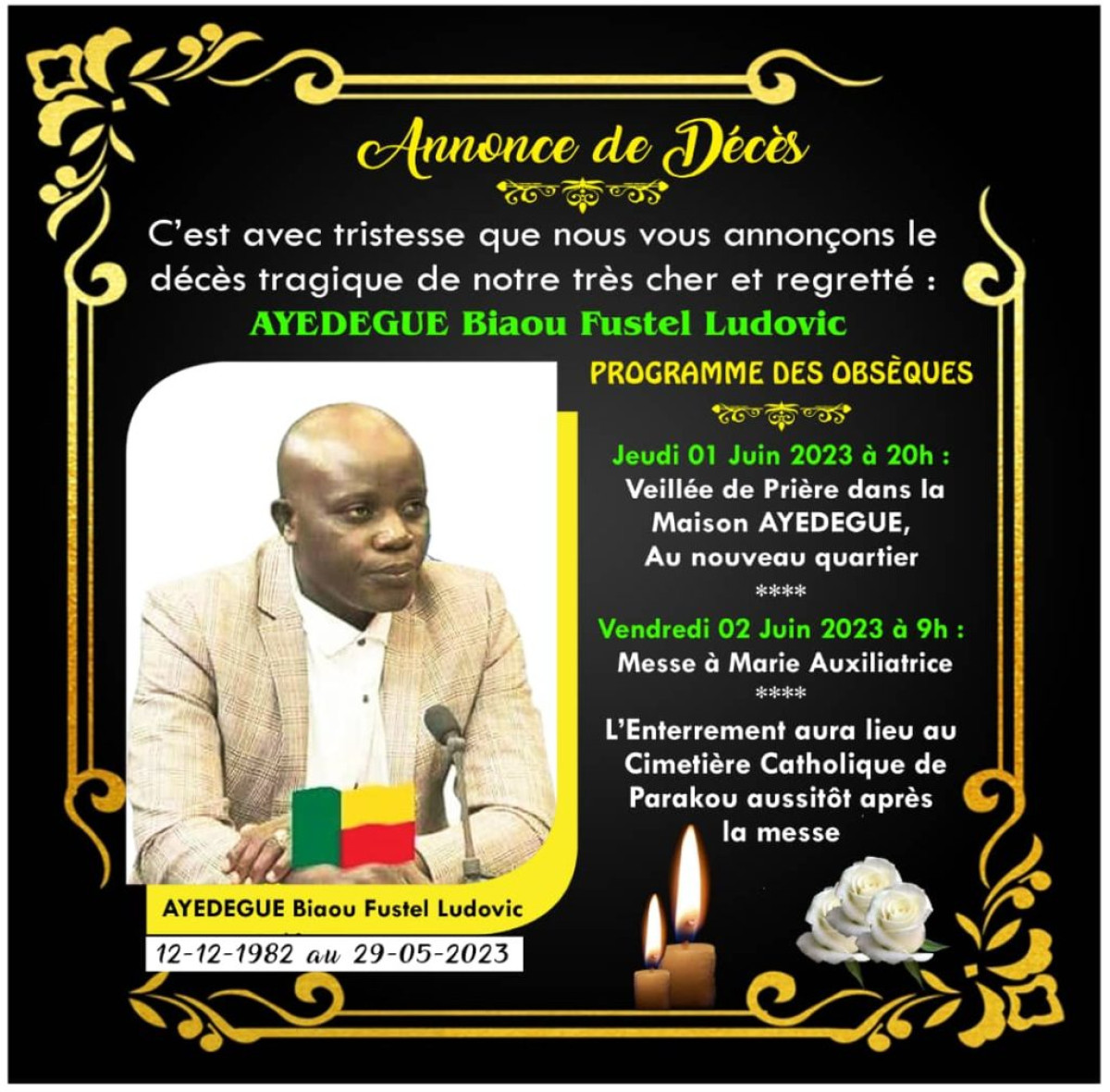 DÉCÈS DU JOURNALISTE LUDOVIC AYEDEGUE : Voici le programme des obsèques