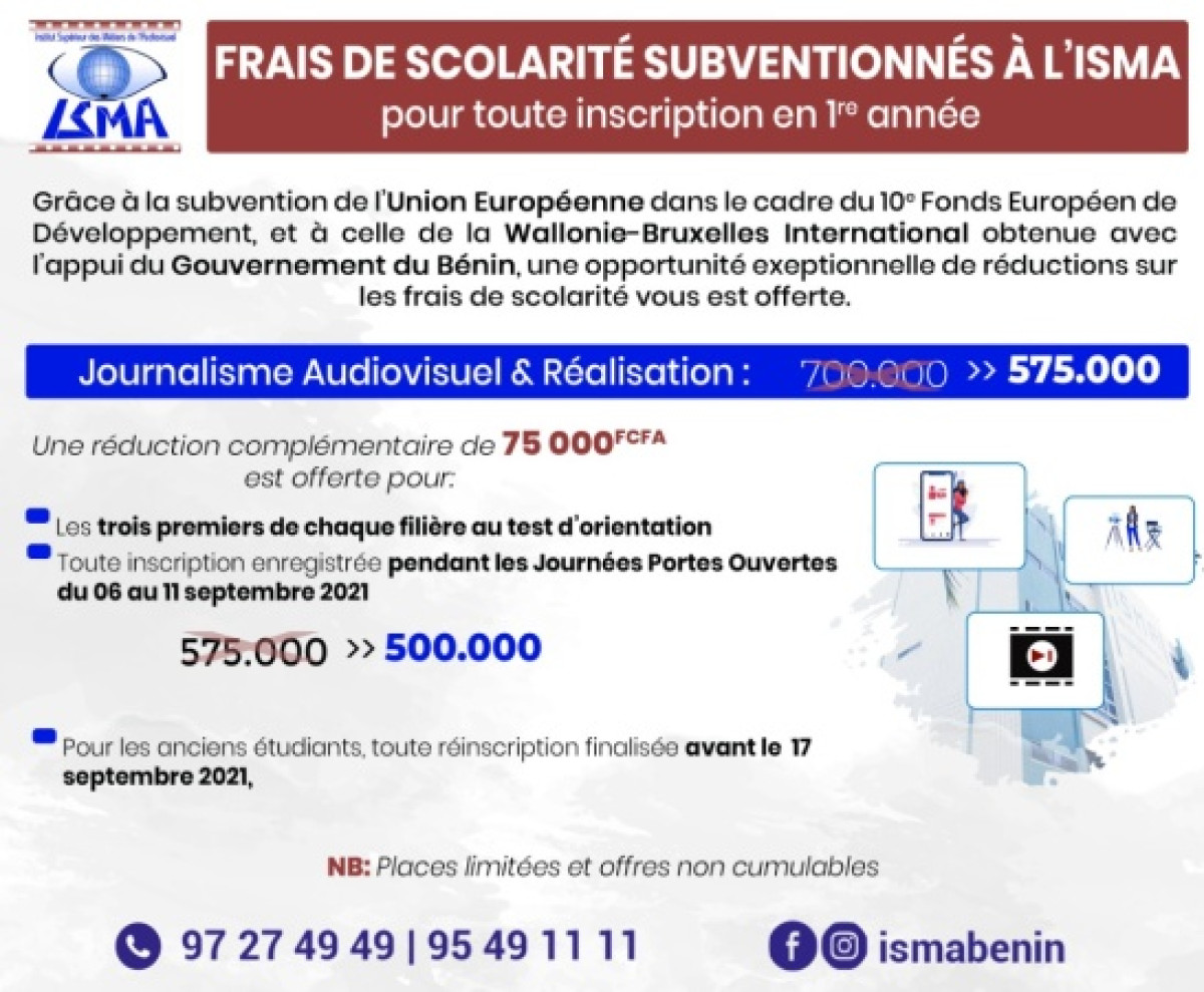 POUR TOUTE INSCRIPTION EN PREMIERE ANNEE POUR LE COMPTE DE LA RENTREE 2021-2022 : L’Isma subventionne les frais de scolarité