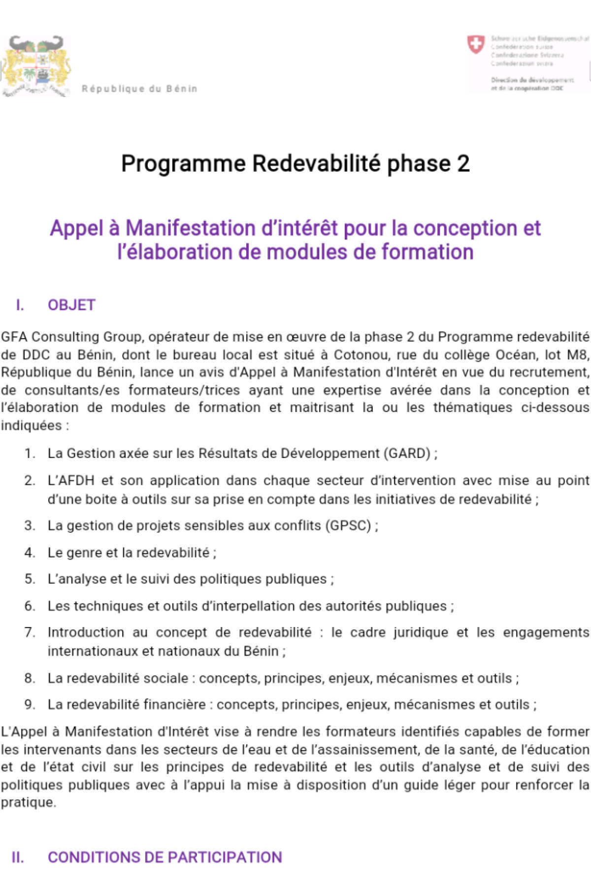 LIRE UN IMPORTANT APPEL À MANIFESTATION D’INTÉRÊT POUR LA CONCEPTION ET L’ÉLABORATION DE MODULES DE FORMATION