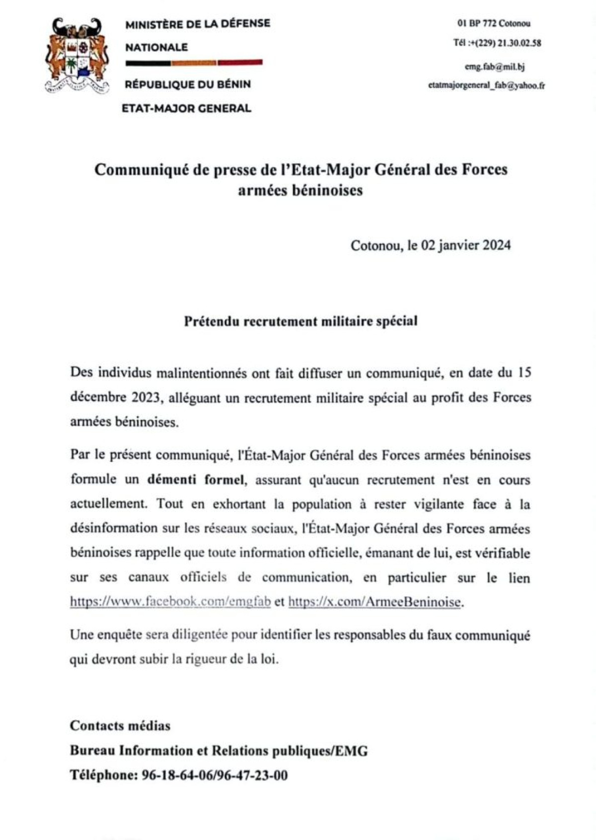 PRÉTENDU RECRUTEMENT SPÉCIAL DE MILITAIRES AU BÉNIN : Le gouvernement appelle à la vigilance