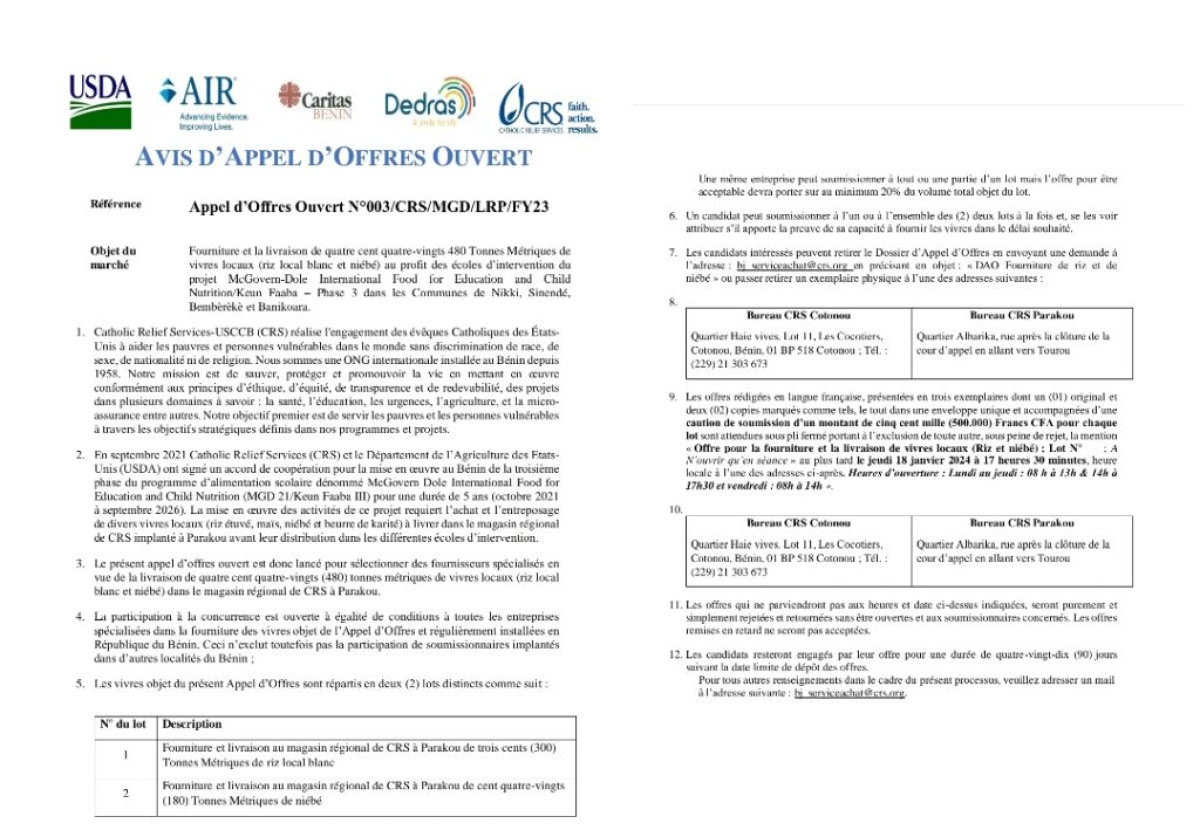 POUR LA FOURNITURE ET LA LIVRAISON DE VIVRES LOCAUX À PARAKOU : Crs lance un avis d&rsquo;appel d&rsquo;offres