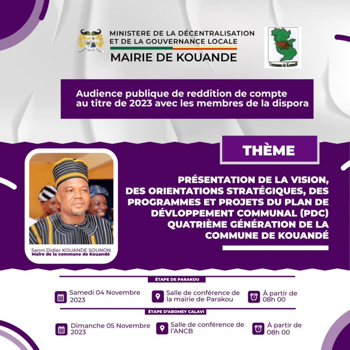 REDDITION DE COMPTES EXERCICE 2023 : Le maire Didier Kouandé Sounon face à la diaspora de Parakou demain 