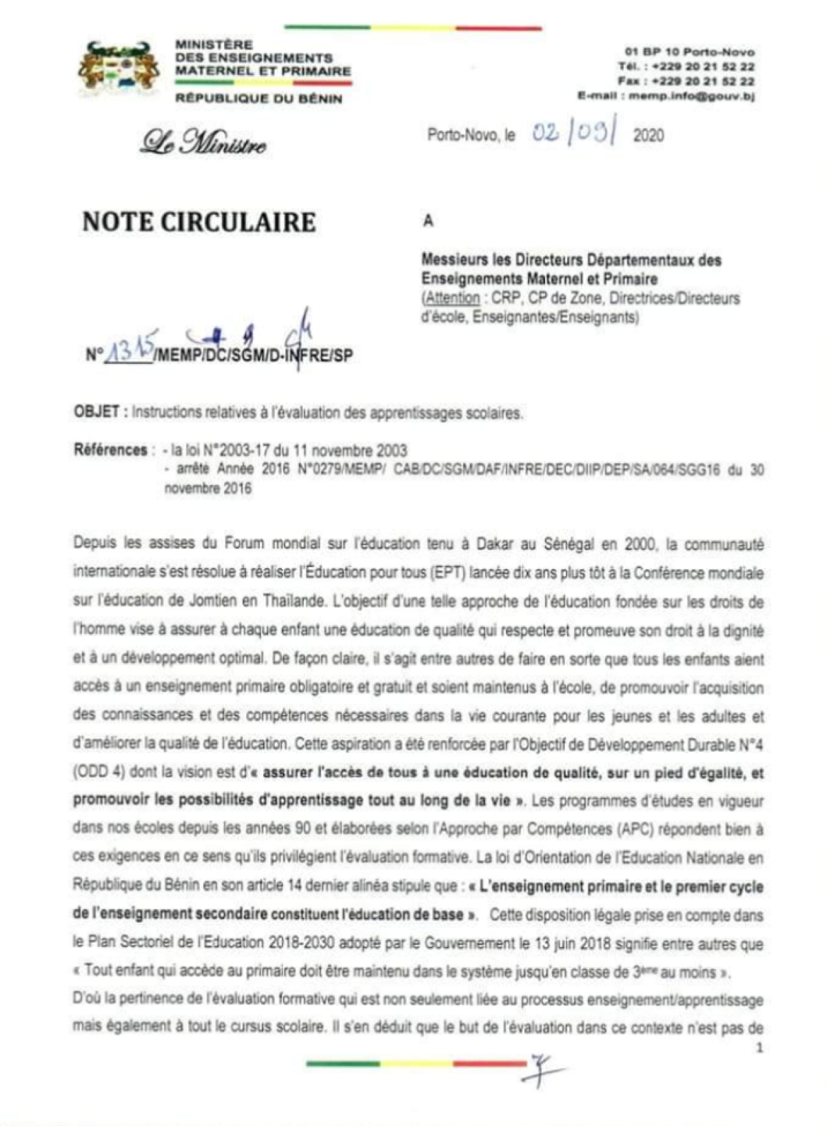 EDUCATION AU BENIN : Le passage systématique des écoliers du Ci, Ce1 et Cm1 autorisé