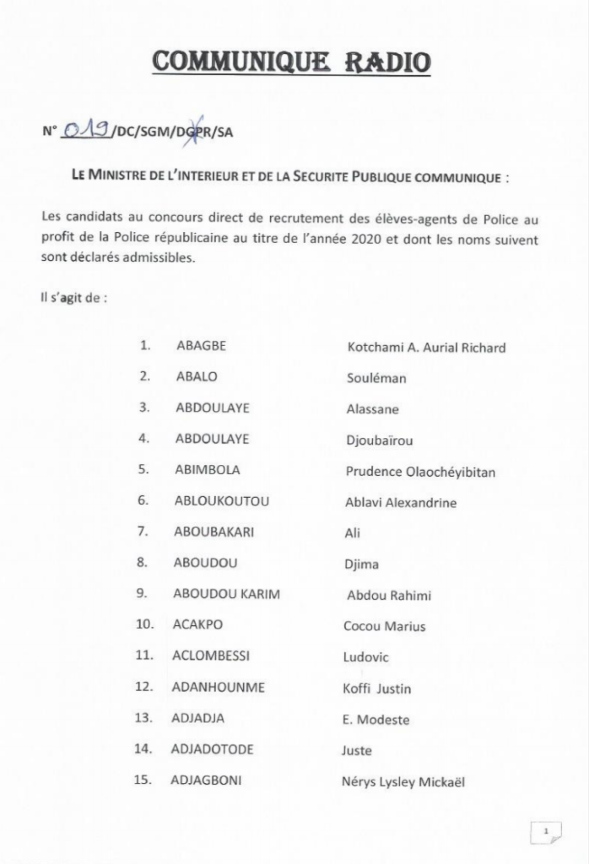 RÉSULTATS DU CONCOURS DE RECRUTEMENT À LA POLICE RÉPUBLICAINE : Voici les candidats retenus